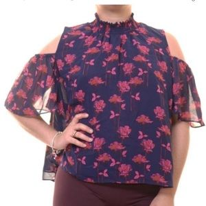 Rachel Roy Woman cold shoulder ruffle high neck purple floral blouse top